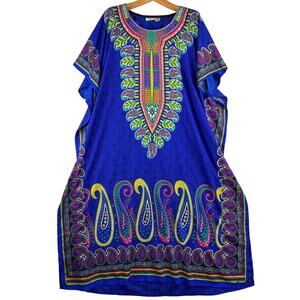Sante Classics Womens OS Caftan MuMu Maxi Poncho Dress Coverup Blue Paisley NWOT
